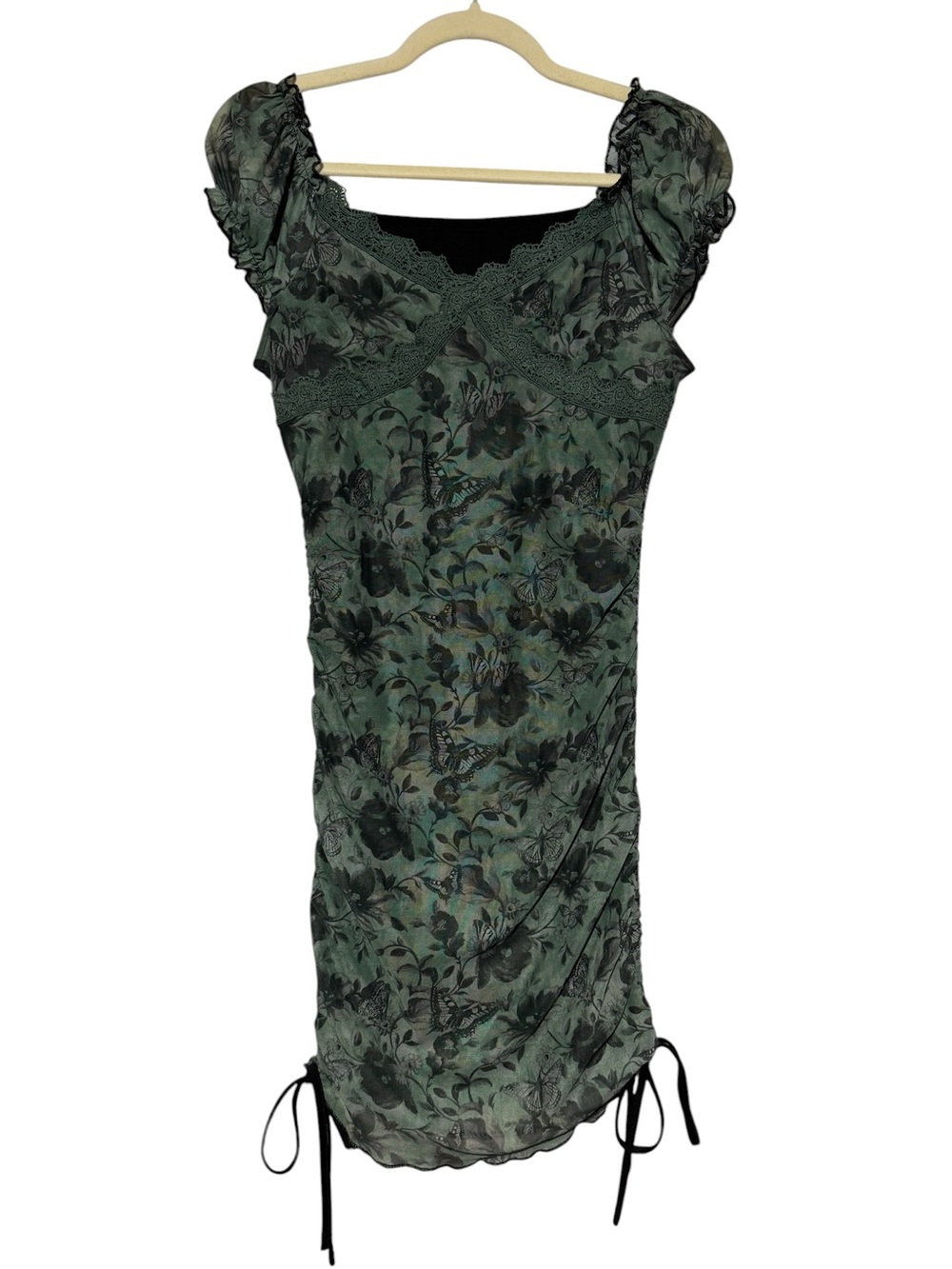 Romwe Y2K Fair Grunge Babydoll‎ Dress Sz Small Green Milkmaid Peasant Butterfly